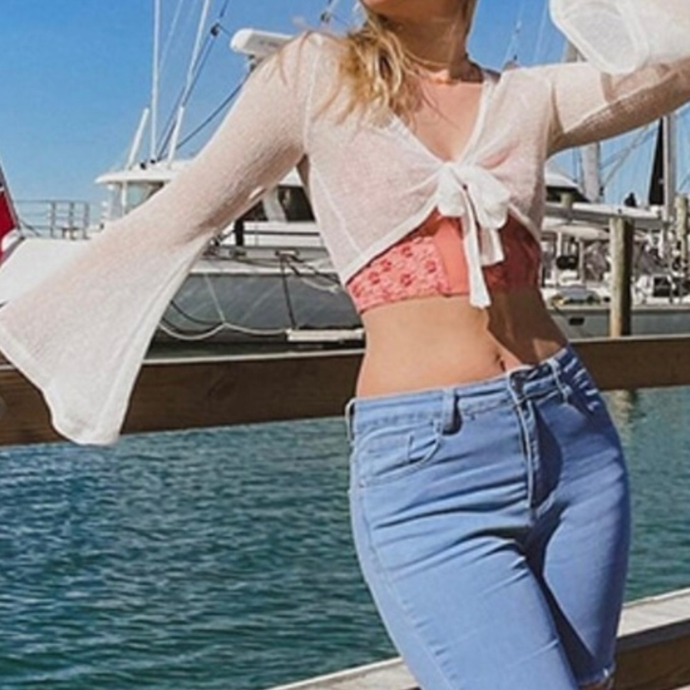 tie front bell sleeve swim coverup